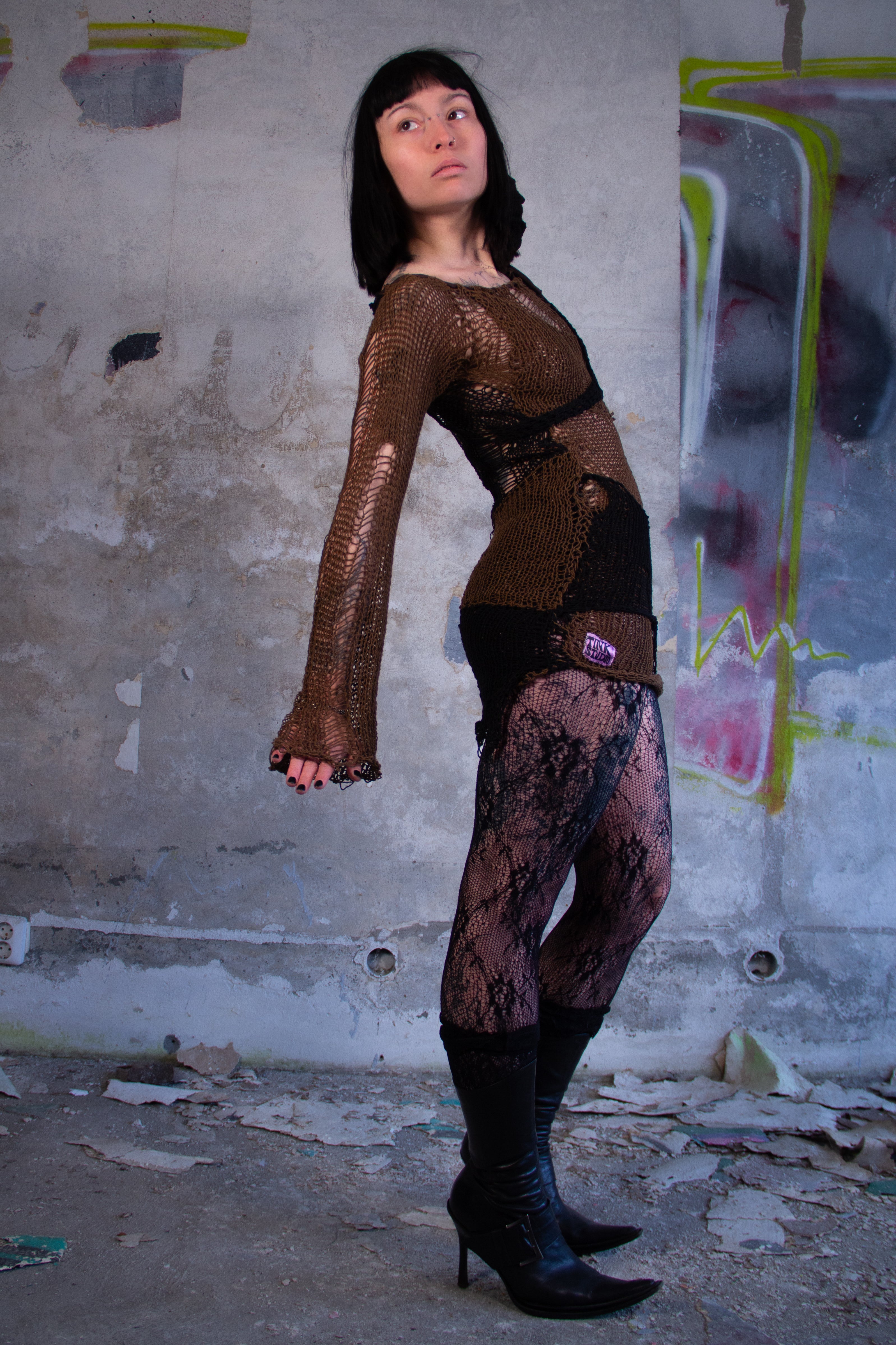 MICRO DRESS "TINKKNIT" BROWN/BLACK